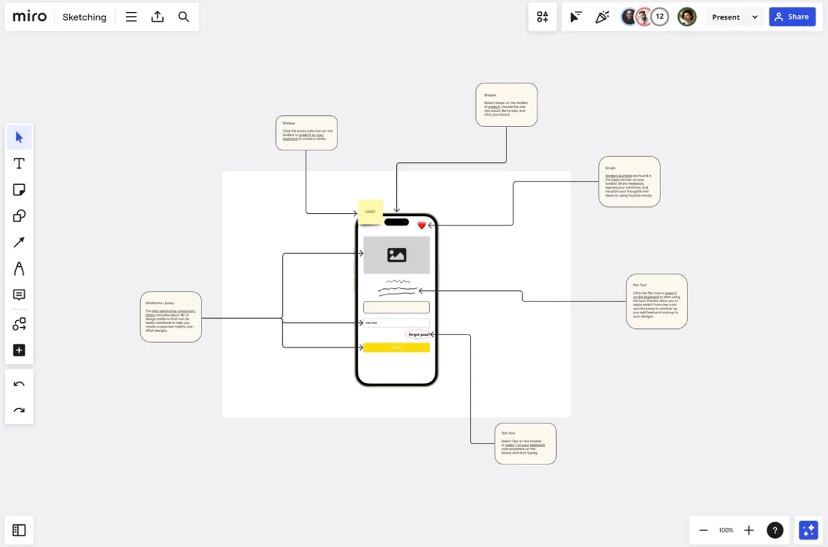 Miro sketching board with a phone outline and annotations for drawing tools.