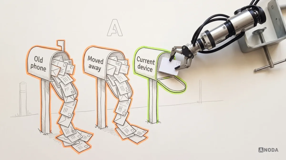 Mixed-media illustration: a row of drawn mailboxes on paper; the ones labelled “Old phone” and “Moved away” overflow with drawn postcards outlined in orange, while a real steel arm on a table clamp drops a single postcard into the lime-outlined mailbox labelled “Current device”.
