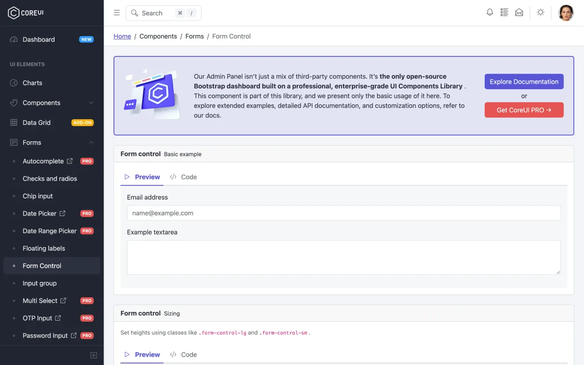 CoreUI Free form controls page: a promotional banner for the paid version above basic email and textarea inputs, with several form components in the sidebar marked “Pro”.