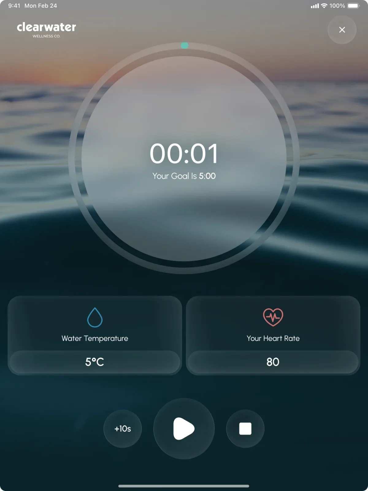 A session on a tablet: the timer at 00:01 of five minutes, water 5°C and heart rate 80