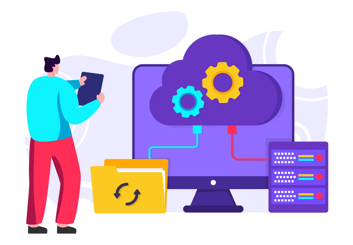 A man engaged in a cloud computing concept illustration, highlighting essential UI UX technologies for outstanding design.