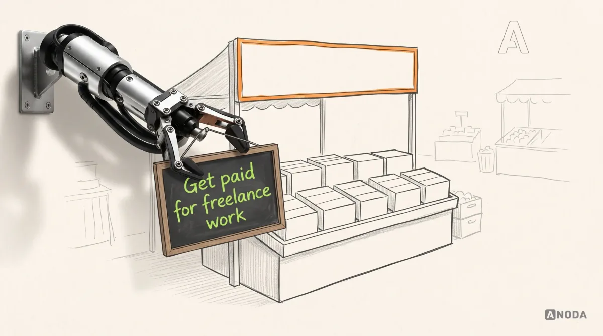Mixed-media illustration: a drawn market stall on paper holds rows of plain unlabelled boxes with an empty sign board outlined in orange; a real steel robotic arm on a wall bracket holds up a small real chalkboard in front of the stall reading “Get paid for freelance work” in lime chalk.