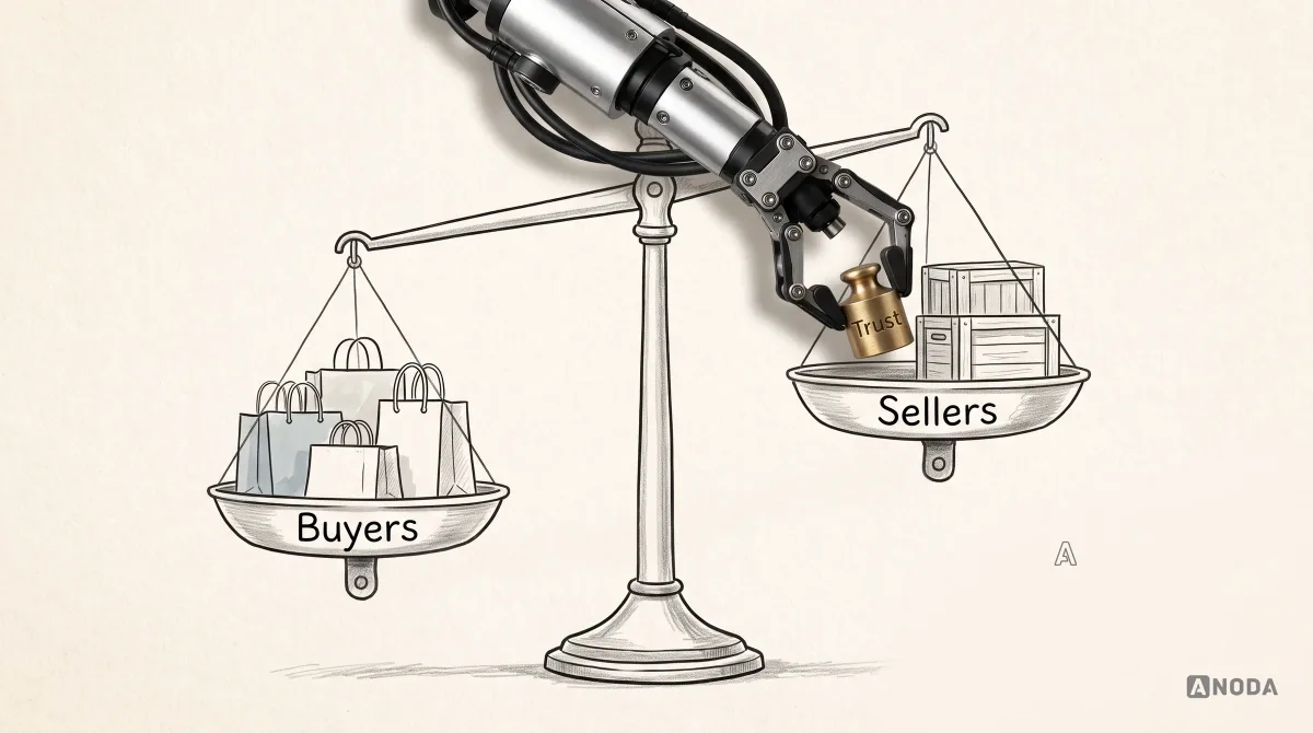 A steel robotic hand lowers a real brass weight engraved 'Trust' onto the raised 'Sellers' pan of a drawn market scale, opposite the lower 'Buyers' pan full of shopping bags.