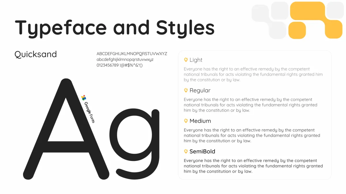 Brand book page, Typeface and Styles: Quicksand with its light, regular, medium and semibold styles