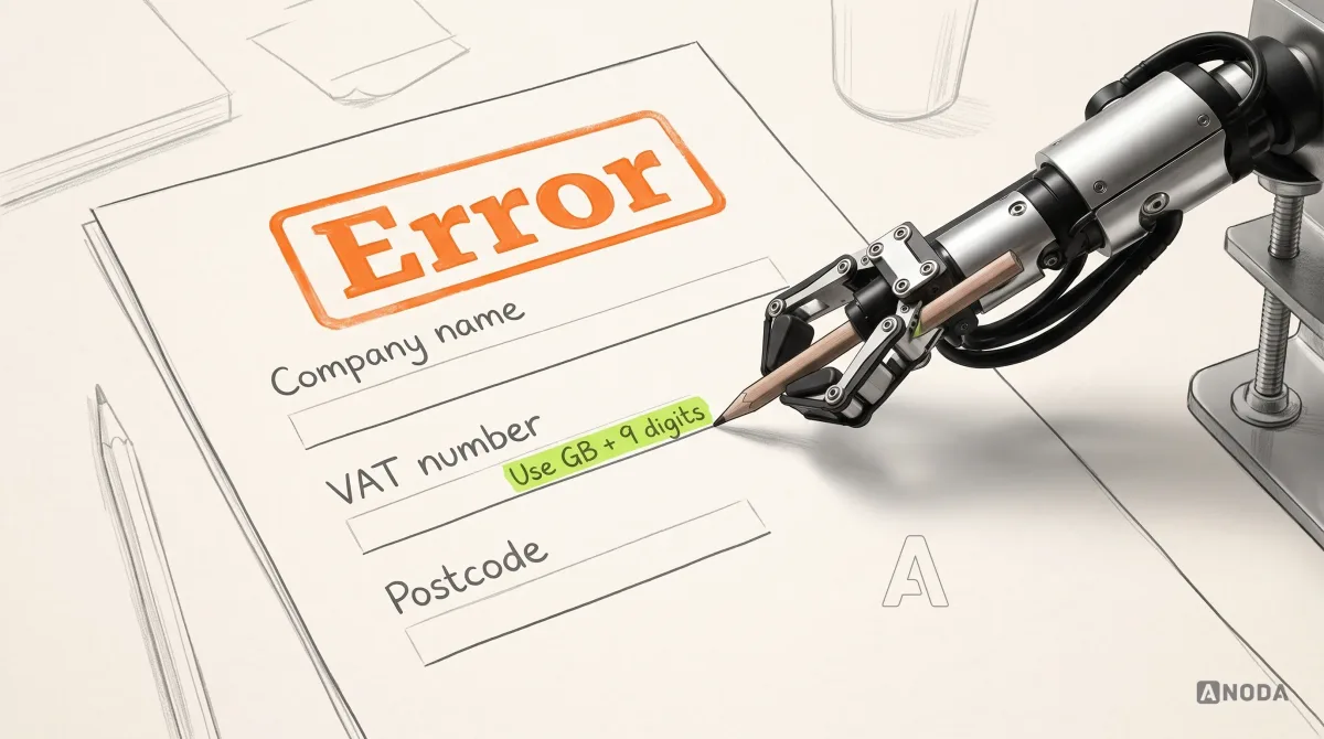 Mixed-media illustration: a drawn exam paper with questions “Company name”, “VAT number” and “Postcode” has a big orange stamp reading “Error” across the top and no marks beside any question; a real steel arm holds a real pencil and writes a small lime note next to “VAT number”: “Use GB + 9 digits”.