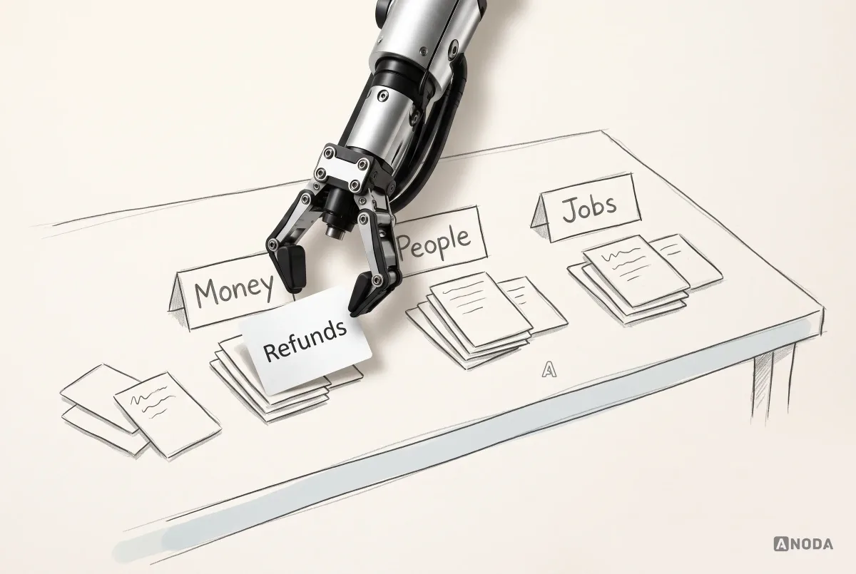 A steel robotic hand places a real card reading ‘Refunds’ onto the ‘Money’ pile of drawn cards sorted on a table under ‘Money’, ‘People’ and ‘Jobs’.
