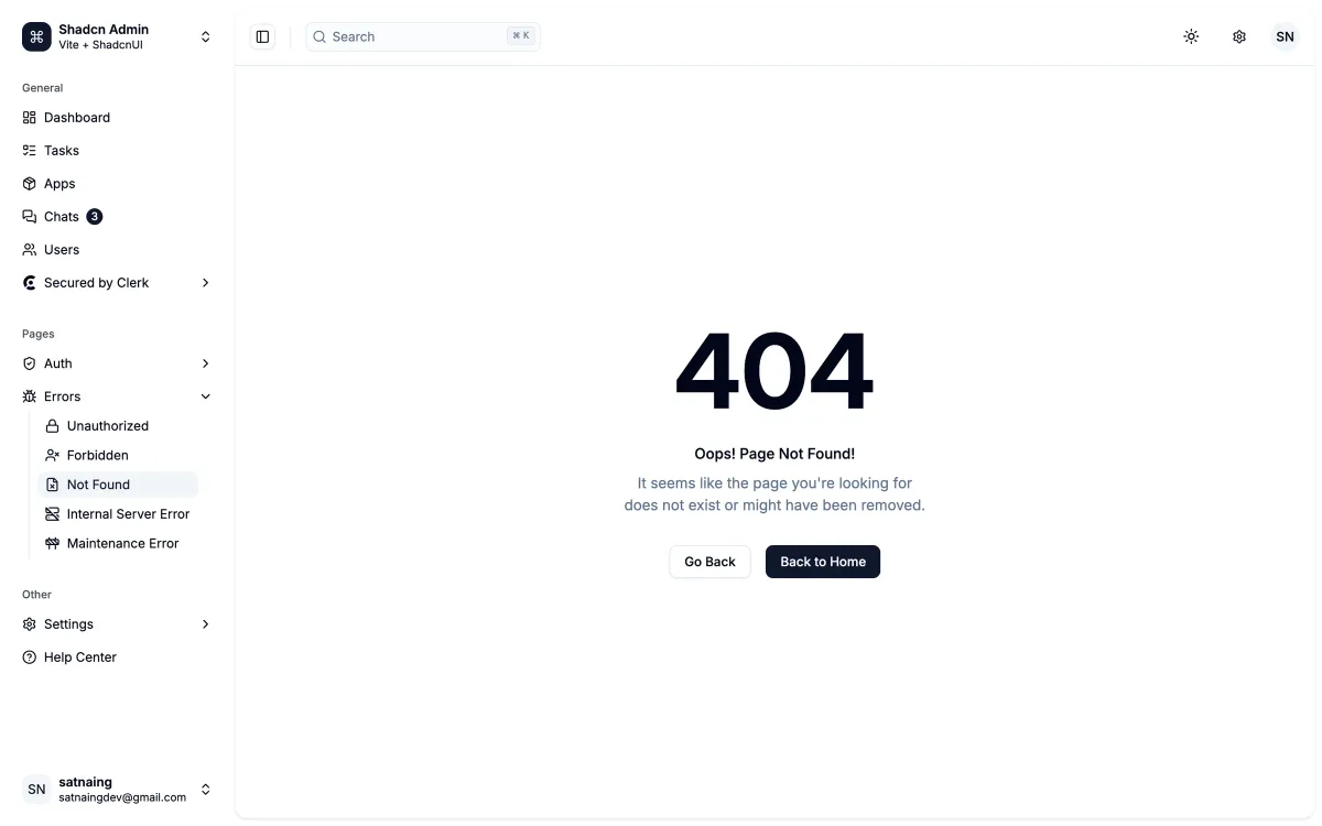 shadcn-admin 404 page: a large “404” with a short explanation, “Go back” and “Back to home” buttons, and an errors section in the sidebar listing unauthorized, forbidden, not found, internal server error and maintenance pages.