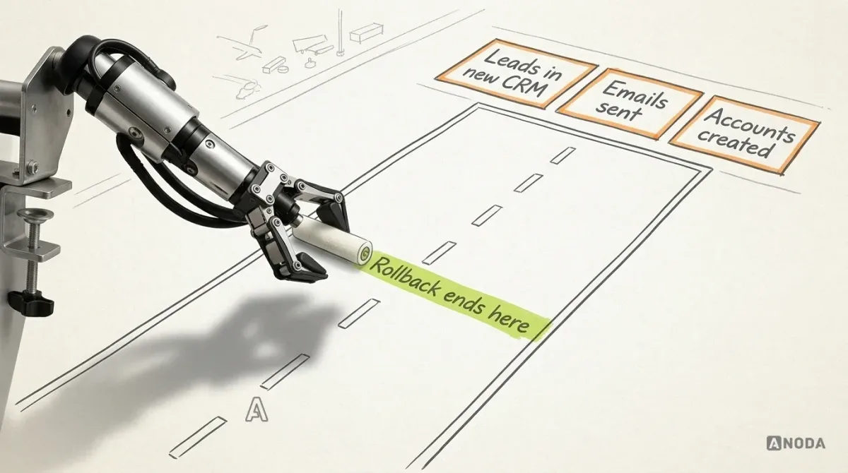 Mixed-media illustration: a drawn runway seen from above with orange items beyond the far end labelled “Leads in new CRM”, “Emails sent” and “Accounts created”; a real steel arm on a table clamp at the left edge paints a lime line across the runway with a real small paint roller, and the line reads “Rollback ends here”.