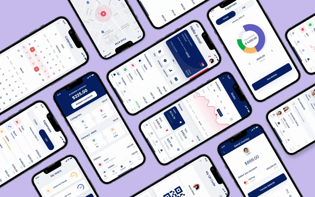 A diverse array of mobile phones displaying various applications on their screens.
