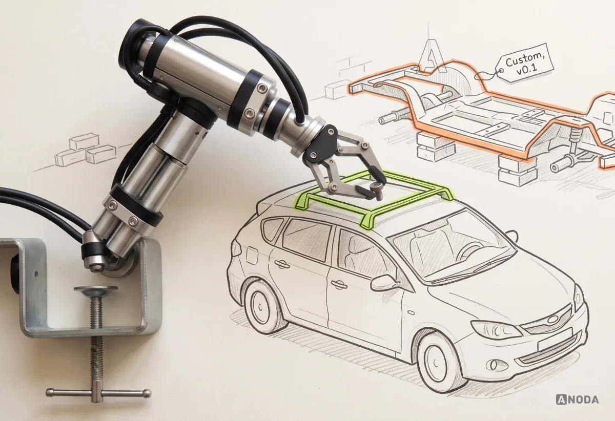 Mixed-media illustration: a drawn family car stands on paper while a real steel robotic arm clamped at the left edge bolts a lime roof rack onto its roof; behind it, an orange-outlined drawn car chassis sits on bricks with no wheels under a tag reading “Custom, v0.1”.