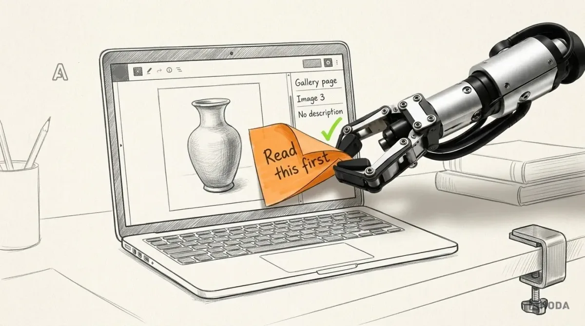 Mixed-media illustration: a drawn laptop showing a page editor with a picture, a narrow side panel on the right reading “Gallery page”, “Image 3”, “No description”, and an orange instruction sheet reading “Read this first” slapped across the middle of the editor; a real steel arm from a table clamp on the right lifts the sheet off the editor and folds it into the side panel.