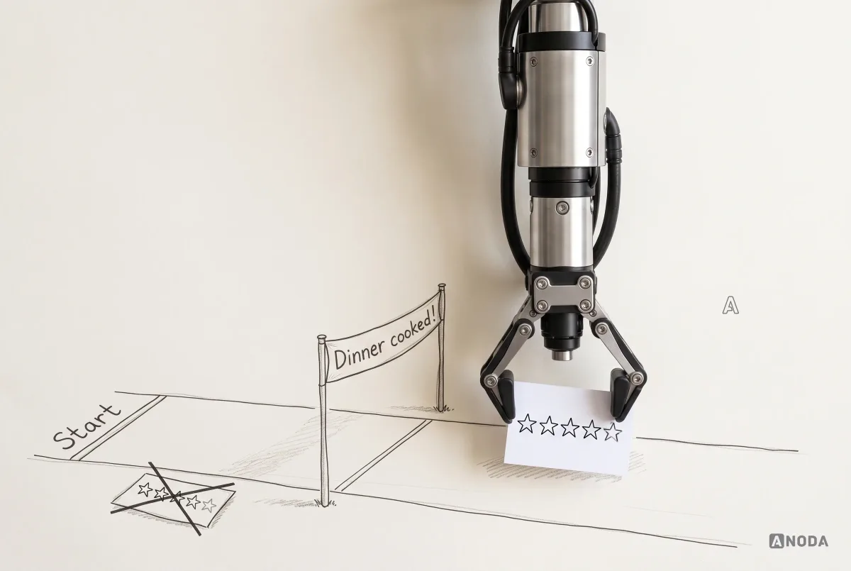 Mixed-media illustration: a real steel arm hanging from the top sets a white card with five stars on a drawn running track just past a finish ribbon reading “Dinner cooked!”, while a crossed-out star card lies at the start line.