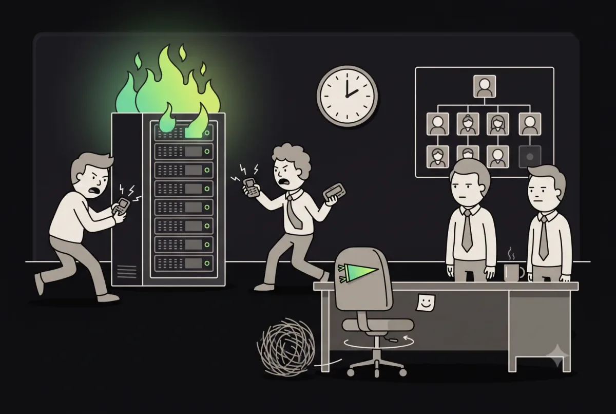 A 2am product launch on fire, the team scrambling with pagers, while the AI’s seat on the org chart sits spun around and empty