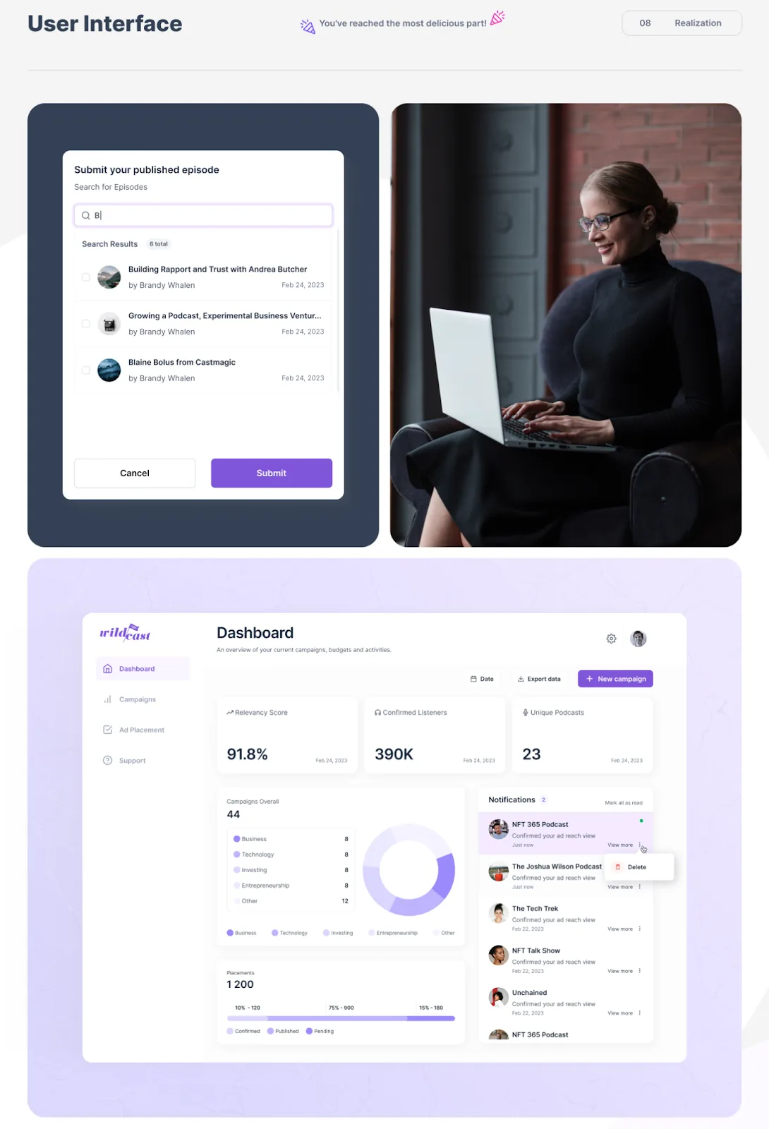 User interface design for Wildcast website, recognized with an award on Behance, showcasing modern aesthetics and functionality.