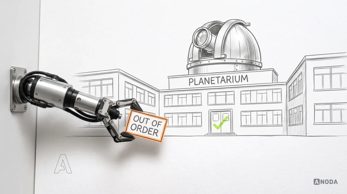 Mixed-media illustration: a drawn school building with a shiny domed telescope on the roof labelled “Planetarium”, and on the ground floor a drawn door with a hanging sign reading “Out of order” outlined in orange, while a real steel arm entering from the left on a wall bracket holds the “Out of order” sign it has taken off the door, which now carries a small lime tick.
