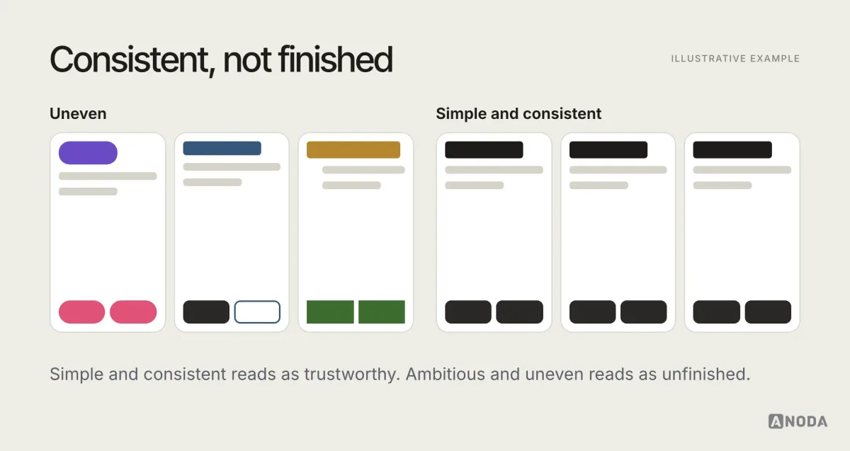 Illustrative comparison titled “Consistent, not finished”: on the left an MVP with three button styles, mixed fonts and inconsistent spacing; on the right the same screens with one type scale, one button style, a small palette and consistent spacing, looking simple but intentional.