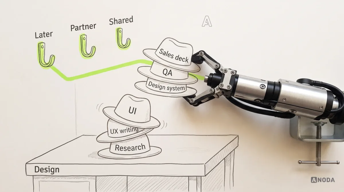 Mixed-media illustration: a small drawn desk labelled “Design” holds a tall, wobbling stack of drawn hats labelled “Research”, “UX writing”, “UI”, “Design system”, “QA” and “Sales deck”, outlined in orange; a real steel robotic arm clamped to the table edge on the right lifts the top three hats off the stack and hangs them on three lime hooks labelled “Shared”, “Partner” and “Later”.