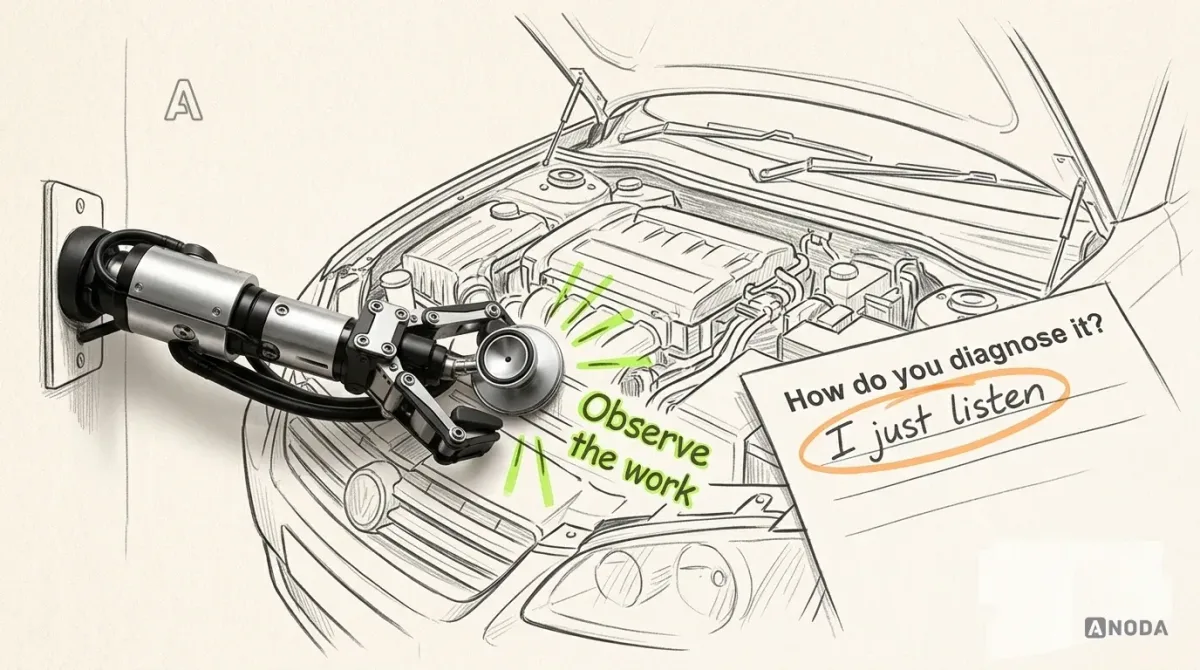 Mixed-media illustration: a drawn car engine under an open bonnet sits beside a drawn questionnaire asking “How do you diagnose it?” with the answer “I just listen” circled in orange; a real steel robotic arm from the left frame edge presses a real mechanic’s stethoscope onto the engine block, and lime sound lines around it carry the words “Observe the work”.