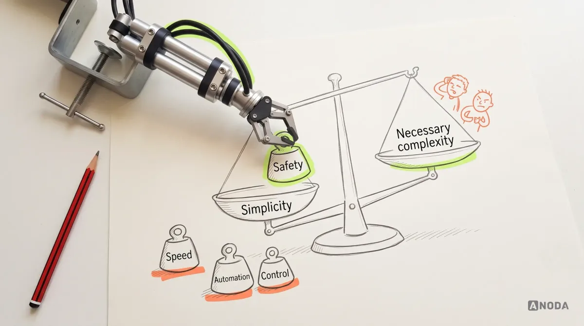 Mixed-media illustration: a real steel arm lowers a weight labelled “Safety” onto the “Simplicity” pan of a drawn balance scale whose other pan reads “Necessary complexity”, with spare weights labelled “Speed”, “Automation” and “Control” on the paper.