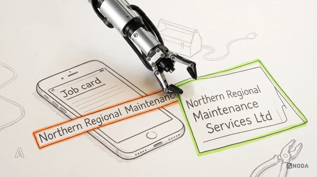 Mixed-media illustration: on a drawn phone screen, a job card’s customer name “Northern Regional Maintenance Services Ltd” runs past the card and off the phone, outlined in orange; a real steel robotic arm hanging from the top edge grips the card’s edge and stretches it taller so the name wraps onto two lines, the new edge drawn in lime.