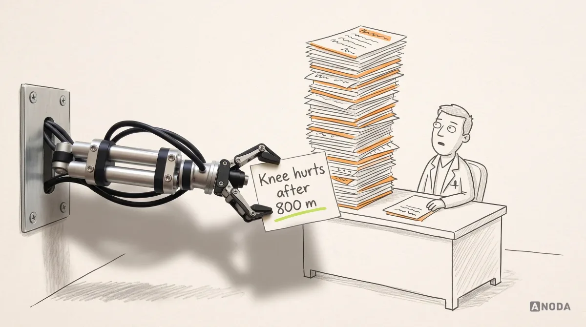 Mixed-media illustration: a real steel arm reaching in from the left holds out a real note reading “Knee hurts after 800 m” to a drawn doctor sitting behind an absurdly tall orange stack of test-request forms