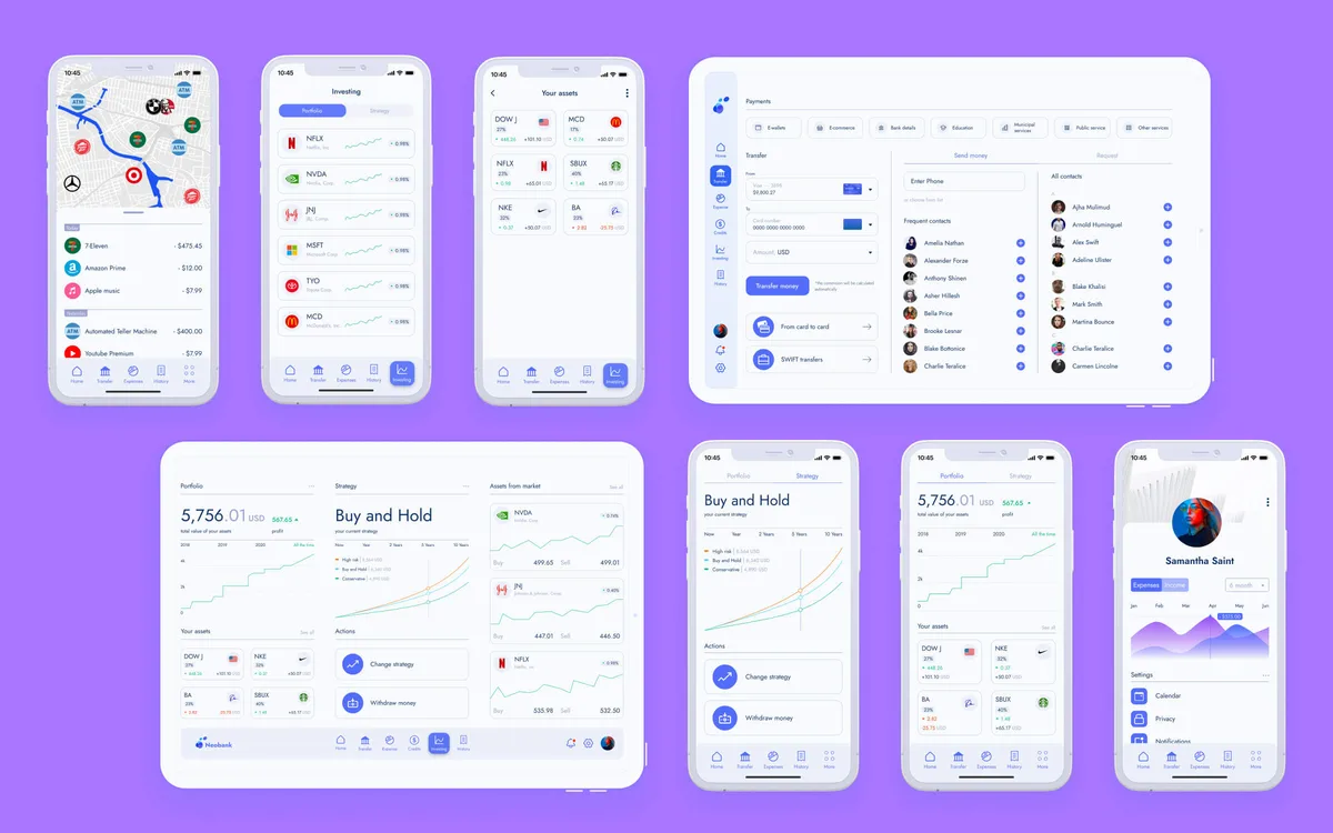 A collection of four mobile phones displaying various applications on their screens, showcasing diverse functionalities.