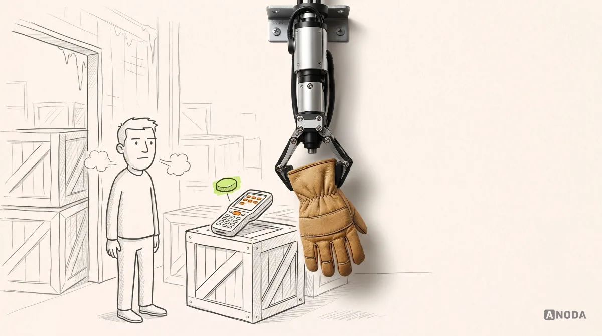 Mixed-media illustration: a drawn warehouse worker stands in a cold loading dock beside a crate with a small handheld scanner full of tiny orange buttons, while a real steel arm from the top holds a real thick work glove next to it for scale