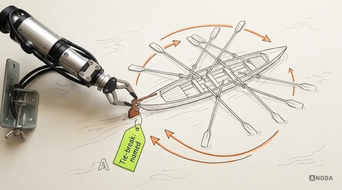 Mixed-media illustration: a drawn rowing boat seen from above with eight drawn oars sticking out at random angles, orange arrows showing it turning in a circle; a real steel robotic arm on a bracket at the left edge fits a real small rudder onto the stern, and a lime tag on the rudder reads “Tie-break: named”.