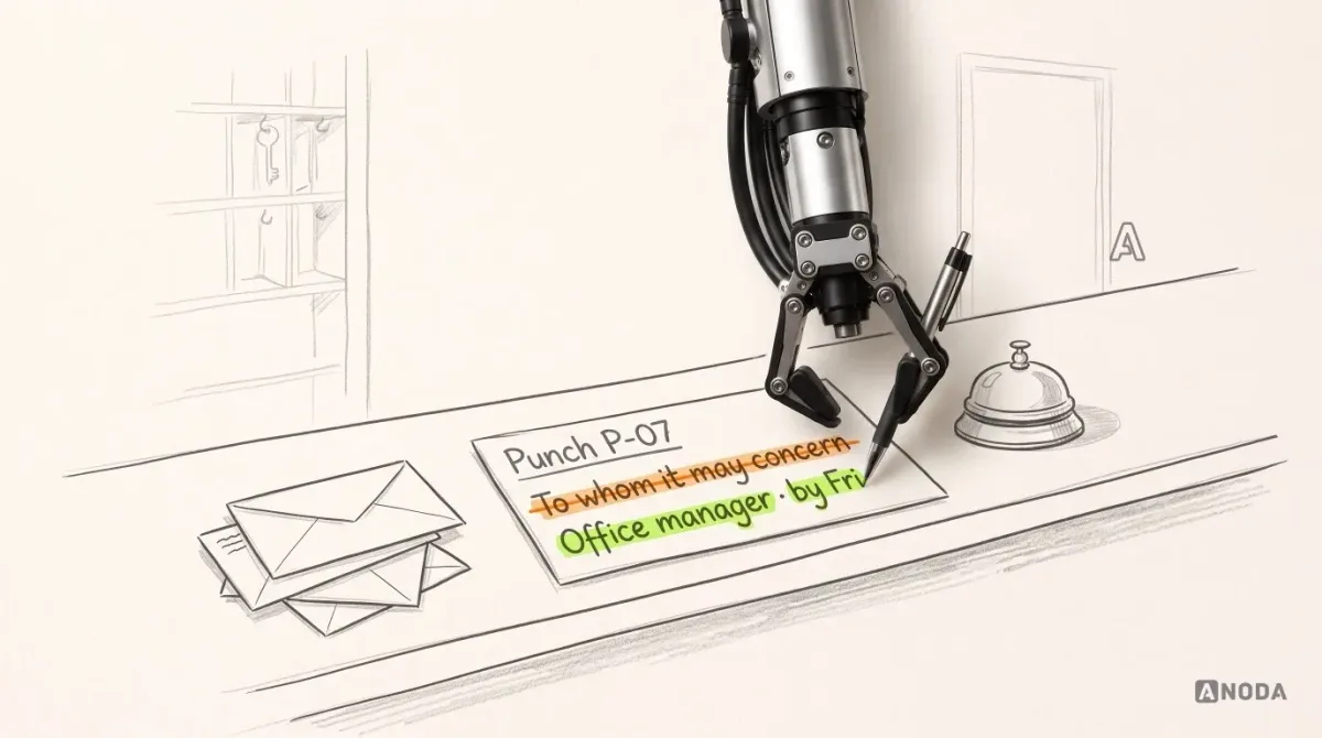 Mixed-media illustration: a drawn hotel reception counter with a desk bell and a pile of envelopes; the top envelope reads “Punch P-07” and is addressed in orange “To whom it may concern”, crossed out; a real steel arm hanging from the top edge of the frame writes a new addressee on it in lime with a real pen: “Office manager · by Fri”.