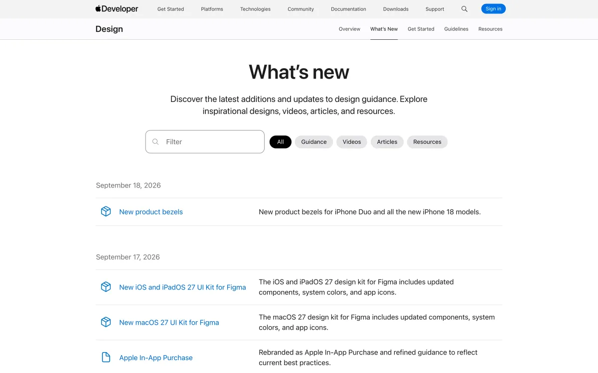 Apple Design “What’s new” page: a filterable list of recent updates to design guidance, kits and resources, dated September 2026.