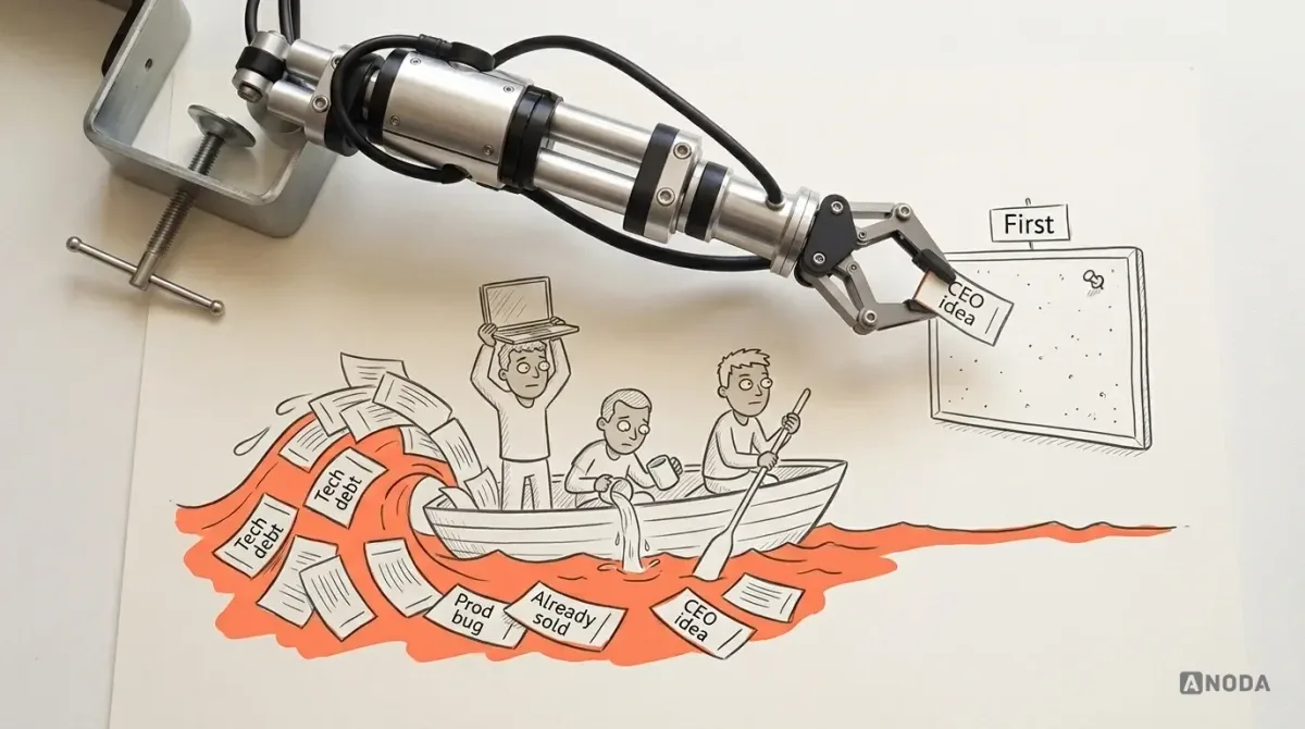 Mixed-media illustration: three small drawn developers in a boat on a flood of paper tickets labelled “Tech debt”, “Prod bug”, “Already sold” and “CEO idea”, while a real steel arm pins a “CEO idea” ticket to a drawn board labelled “First”.
