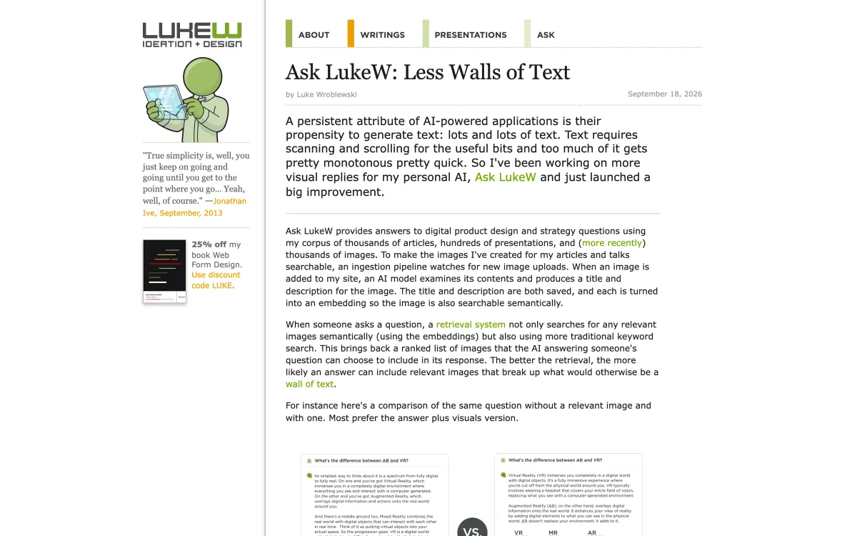 LukeW post page: “Ask LukeW: Less Walls of Text”, dated 18 September 2026, comparing text-heavy and visual answers in an AI assistant.