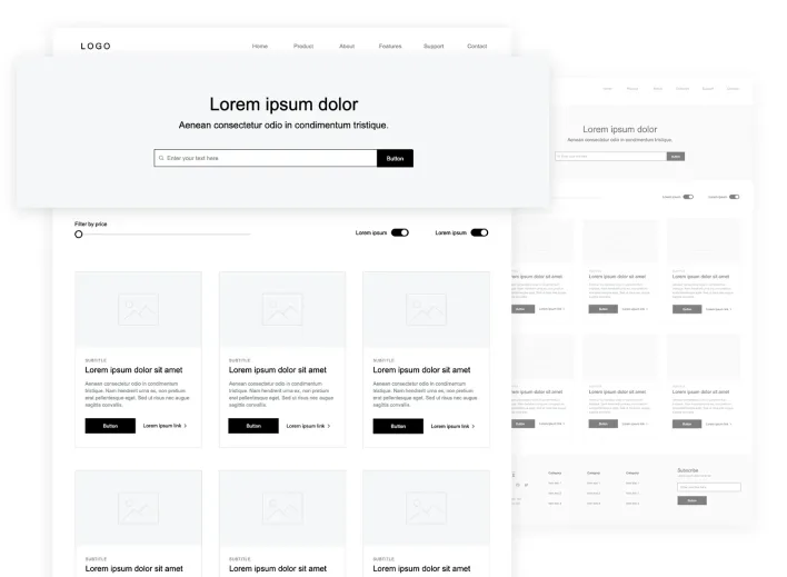 Website design displayed on a white background, illustrating wireframe structure and its significance in the design process.