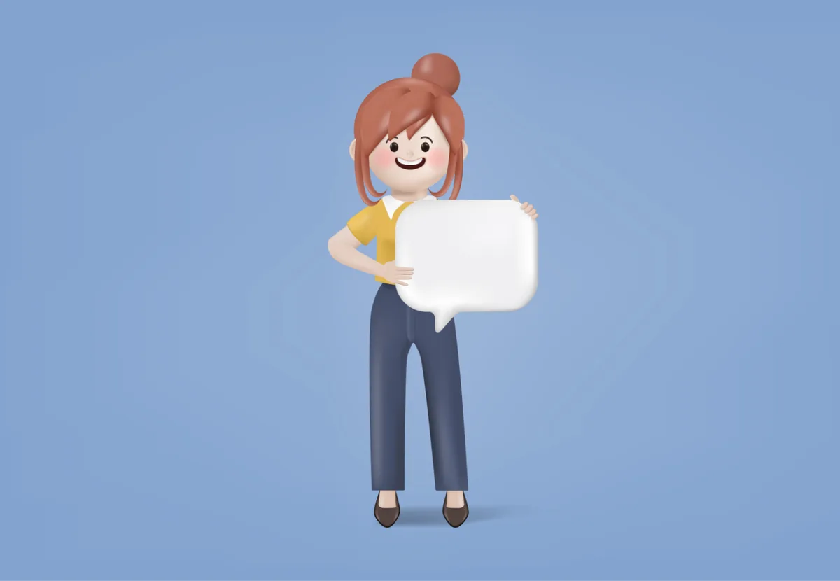 A cartoon woman stands with a blank speech bubble, symbolizing communication in app design discussions.