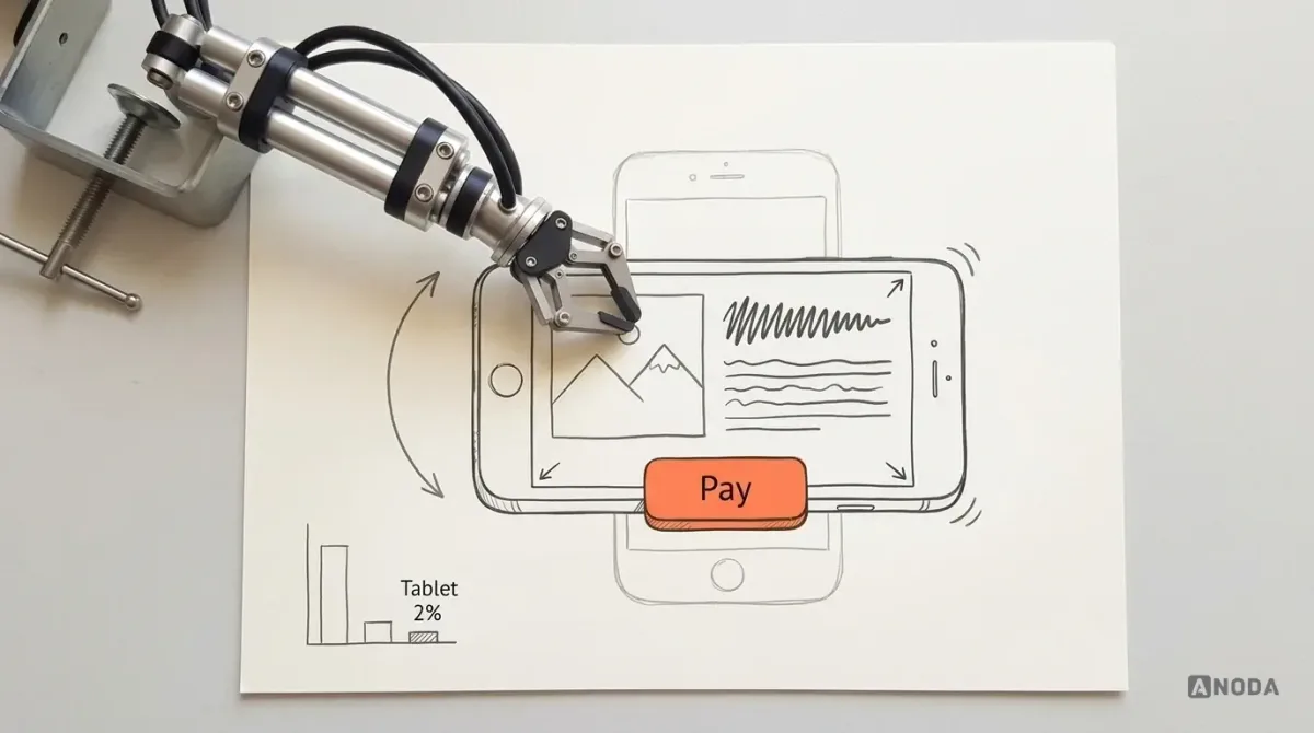 Mixed-media illustration: a real steel arm rotates a large drawn phone from portrait into landscape, the orange “Pay” button now hangs off the bottom edge of the rotated screen, and a tiny drawn bar chart in the corner reads “Tablet 2%”.