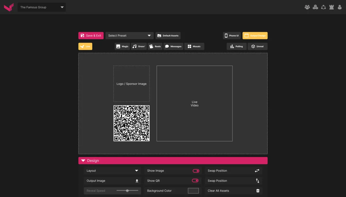 Live video output layout: logo and sponsor image and QR code beside the live video frame