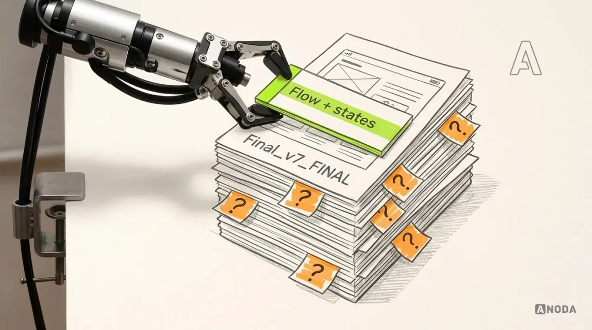 Mixed-media illustration: a drawn stack of printed screens labelled “Final_v7_FINAL” with orange question-mark sticky notes poking out of the sides; a real steel arm lays a slim lime-bound card reading “Flow + states” on top of the pile.