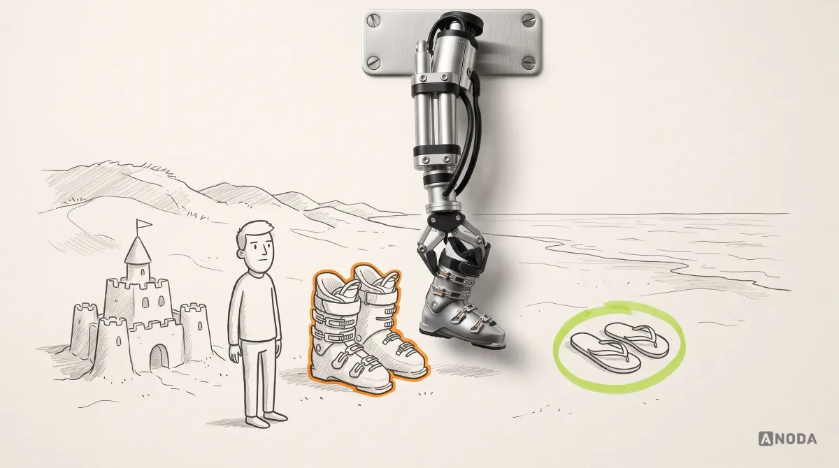 Mixed-media illustration: a drawn man on a beach with sandcastles looks at a pair of heavy ski boots marked in orange, while a real steel arm from the top sets down a real ski boot and a pair of flip-flops is circled in lime