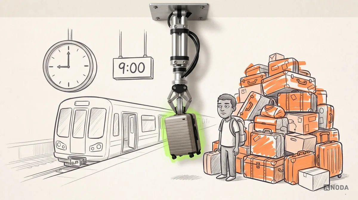 Mixed-media illustration: on a drawn railway platform with a clock at nine and a “9:00” sign, a traveller stands beside a towering orange pile of luggage while a real steel arm lowers a single real carry-on suitcase toward the open train.