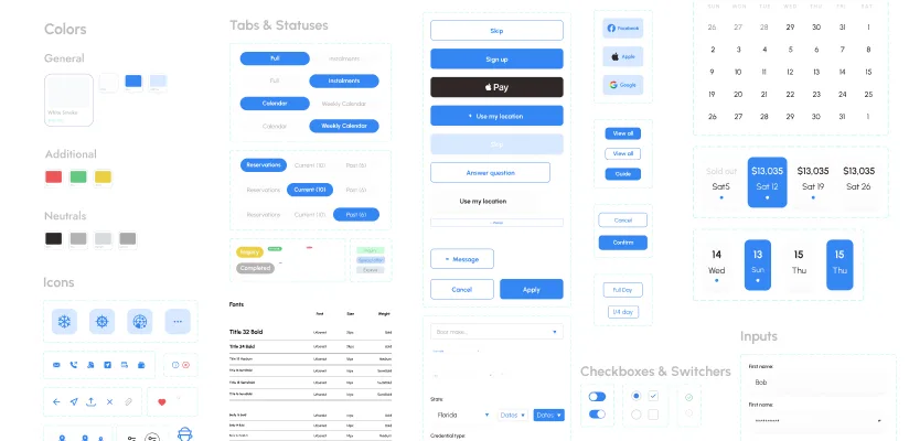 UI kit example with colors, typography, icons, buttons, tabs, calendar states, checkboxes, switches, and inputs.