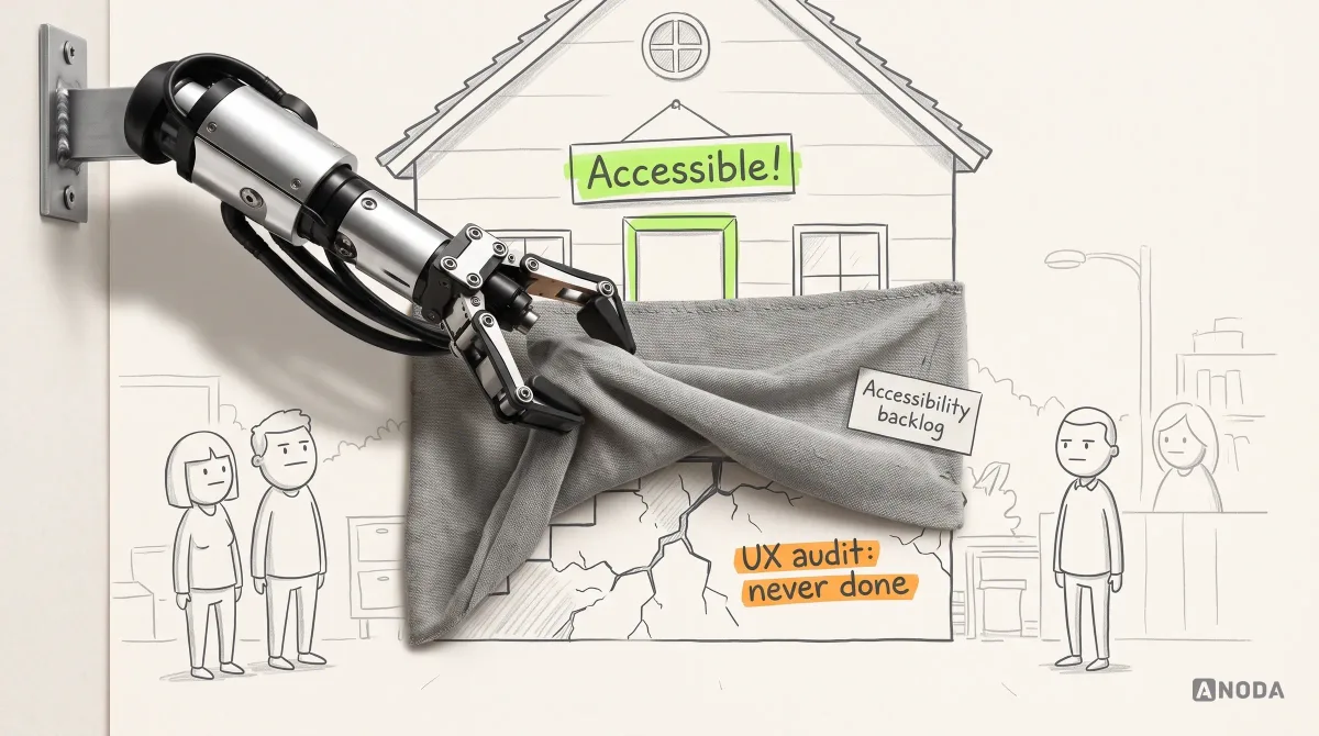 Mixed-media illustration: a real steel arm uncovers a drawn house by pulling away a real grey cloth tagged “Accessibility backlog”, revealing a cracked foundation and the note “UX audit: never done” beneath a neat sign reading “Accessible!”.