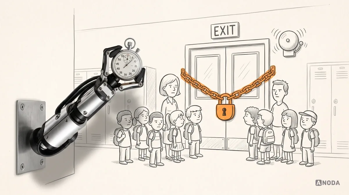 Mixed-media illustration: a drawn school corridor where children and a teacher bunch up at an exit door chained shut with an orange padlock while the fire bell rings, and a real steel arm holds up a real stopwatch.