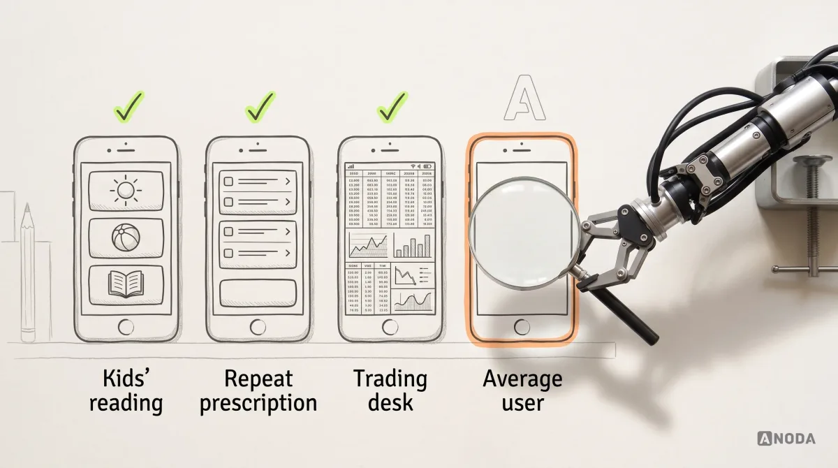 Mixed-media illustration: four drawn phone screens stand in a row on paper, labelled “Kids’ reading”, “Repeat prescription” and “Trading desk”, each with a very different density and a small lime tick; the fourth, labelled “Average user”, is blank and outlined in orange, and a real steel robotic arm entering from the right holds a magnifying glass over it.