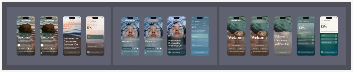 Three UI styles for the welcome, tour and setup progress screens: warm light over water, a cool underwater look, and a serif variant