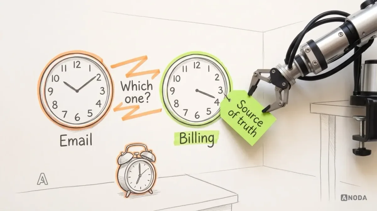 Mixed-media illustration: two drawn wall clocks labelled “Email” and “Billing” showing different times, an orange zig-zag reading “Which one?” between them, and a real steel arm hanging a lime “Source of truth” tag on the billing clock.