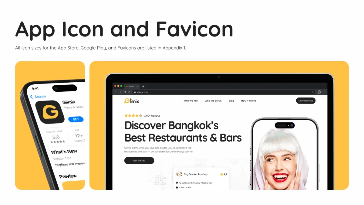 Brand book page, App Icon and Favicon: the Glimix icon in an App Store listing and the favicon in a browser tab over the landing page