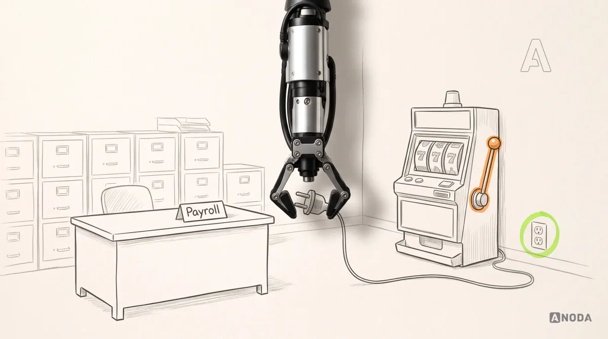 Mixed-media illustration: a drawn office with filing cabinets and a desk sign reading “Payroll”, where a drawn slot machine stands in the corner with an orange lever and spinning reels, while a real steel arm hanging from the top holds the machine’s real power plug, pulled out of a drawn wall socket circled in lime.
