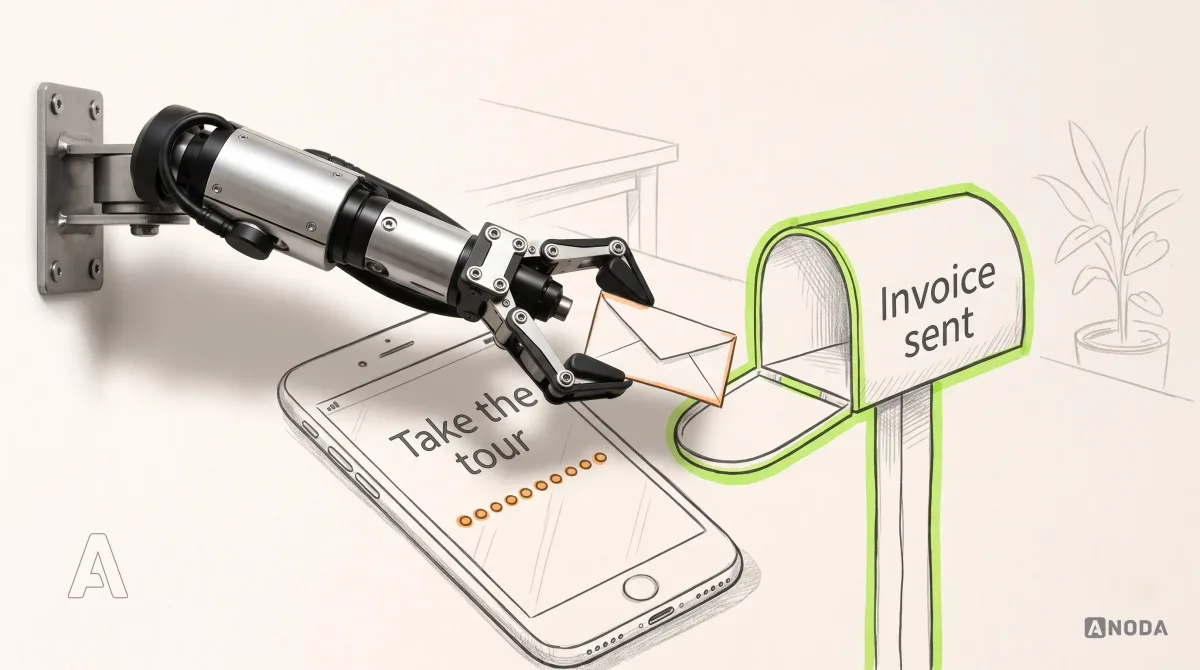 Mixed-media illustration: a drawn smartphone shows an onboarding screen reading “Take the tour” with a row of orange progress dots, while a real steel arm entering from the left on a wall bracket carries a real small paper envelope past the phone toward a drawn mailbox labelled “Invoice sent”, highlighted in lime.