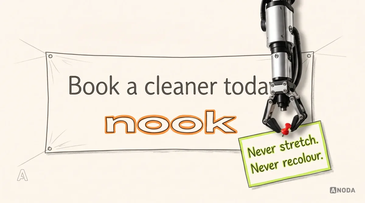 Mixed-media illustration: a drawn web banner reading "Book a cleaner today" shows the wordmark "nook" squashed flat and stretched wide, outlined in orange; a real steel robotic arm hanging from the top edge pins a lime-edged card reading "Never stretch. Never recolour." to the corner of the banner.
