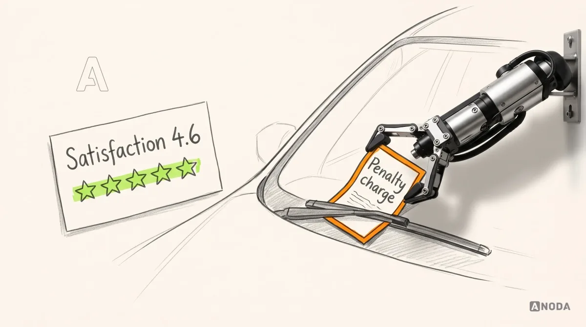 Mixed-media illustration: a drawn chart card reading “Satisfaction 4.6” with lime stars sits on paper; next to it, under a drawn windscreen wiper, a drawn parking ticket reading “Penalty charge” is outlined in orange, and a real steel robotic arm entering from the right on a wall bracket pulls the ticket out from under the wiper.